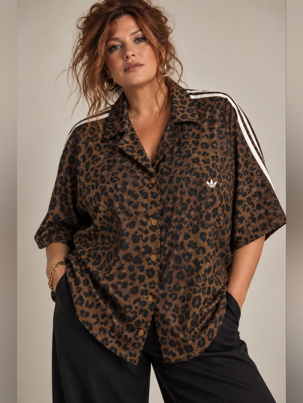 Adidas Originals Leopard Print Short Sleeve Button-Up Shirt Size 2XL